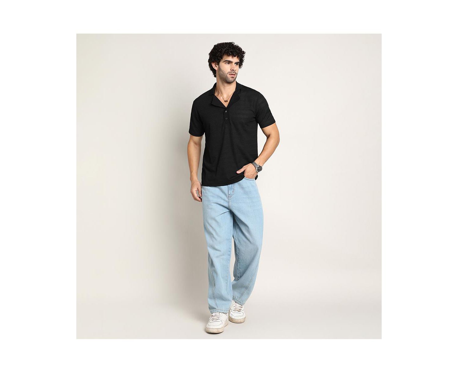 Men's Onyx Black Panel-Tactile Cuban Polo T-Shirt