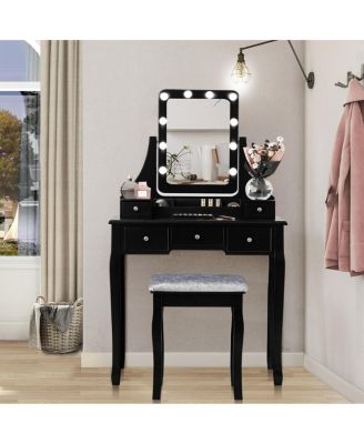 2-Pc. MDF 10 Dimmable Bulb Lighted Vanity Dressing Table Set with Cushioned Stool