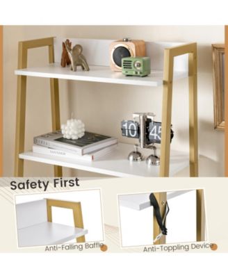 2Pc Powder-Coated Metal Frame Ladder Vanity Desk Set with Flip Top Mirror and Cushioned Stool