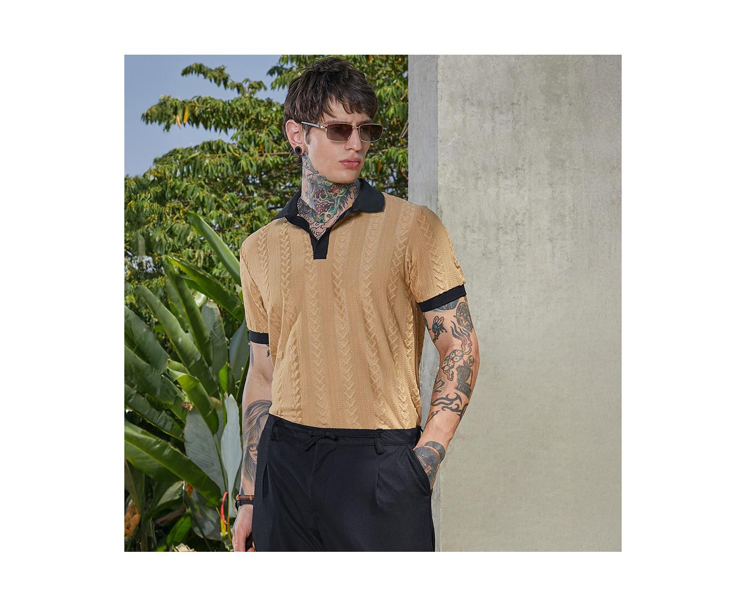 Men's Buff Beige and Obsidian Black Arc-Tactile Polo T-Shirt