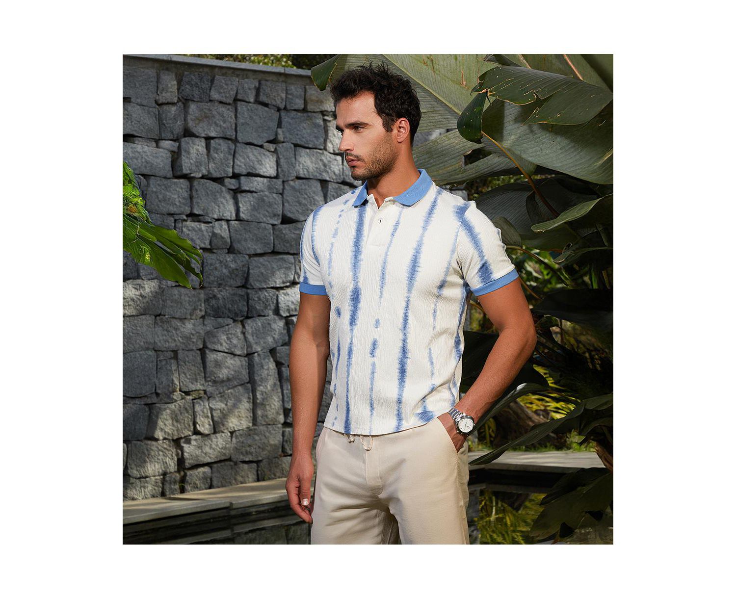 Men's Powder Blue and Daisy White Tie-Dye Tactile Polo T-Shirt