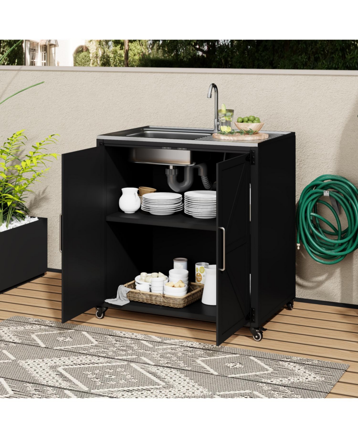 Outdoor Kitchen Sink Station with Cabinet - Matte black