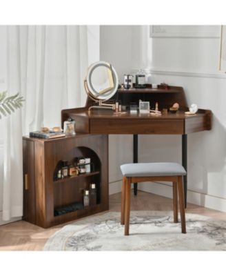 Walnut Corner Vanity Desk with Mirror & LED Lights
