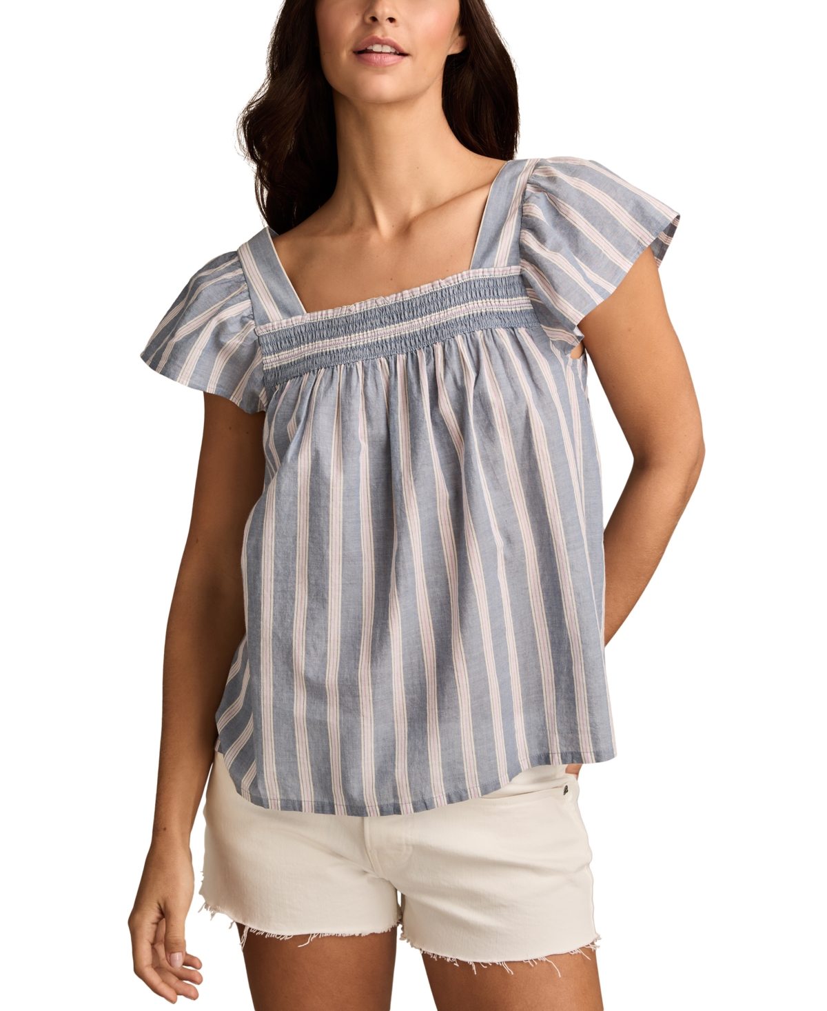 Women's Striped Cotton Square-Neck Peasant Top - Navy Stripe