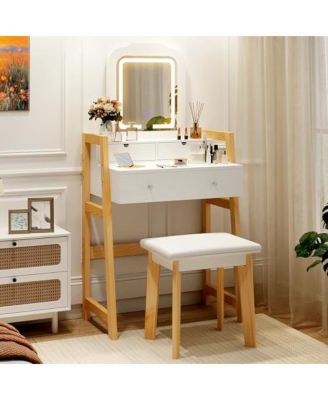 2-Pc. Wood Adjustable Height Vanity Desk Set with 3-Color LED Lighted Mirror and Drawers