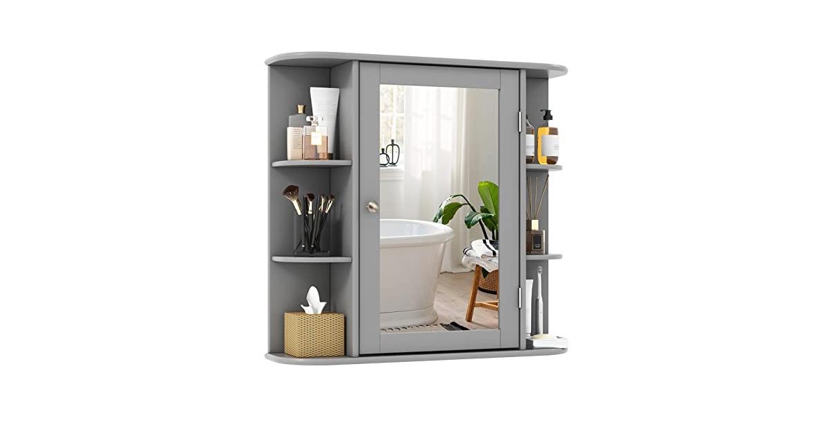 Wall-Mounted Bathroom Mirror Cabinet with Storage Shelves - Grey