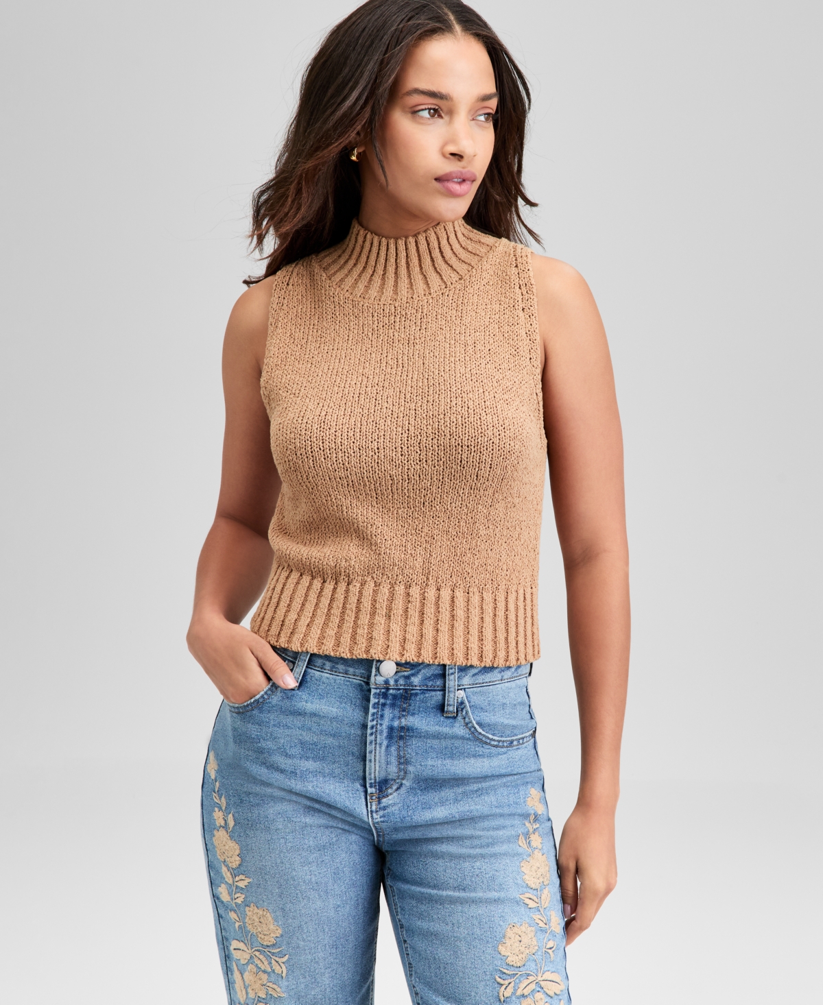 Women's Mock-Neck Sleeveless Sweater Top, Exclusively at Macy's - Crushed Oregano