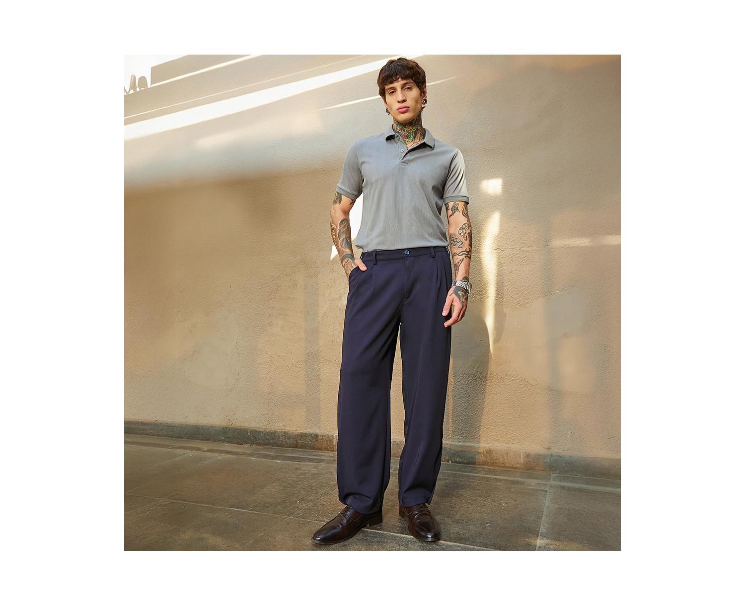 Men's Midnight Black Straight-Cuffed Pleated Trousers