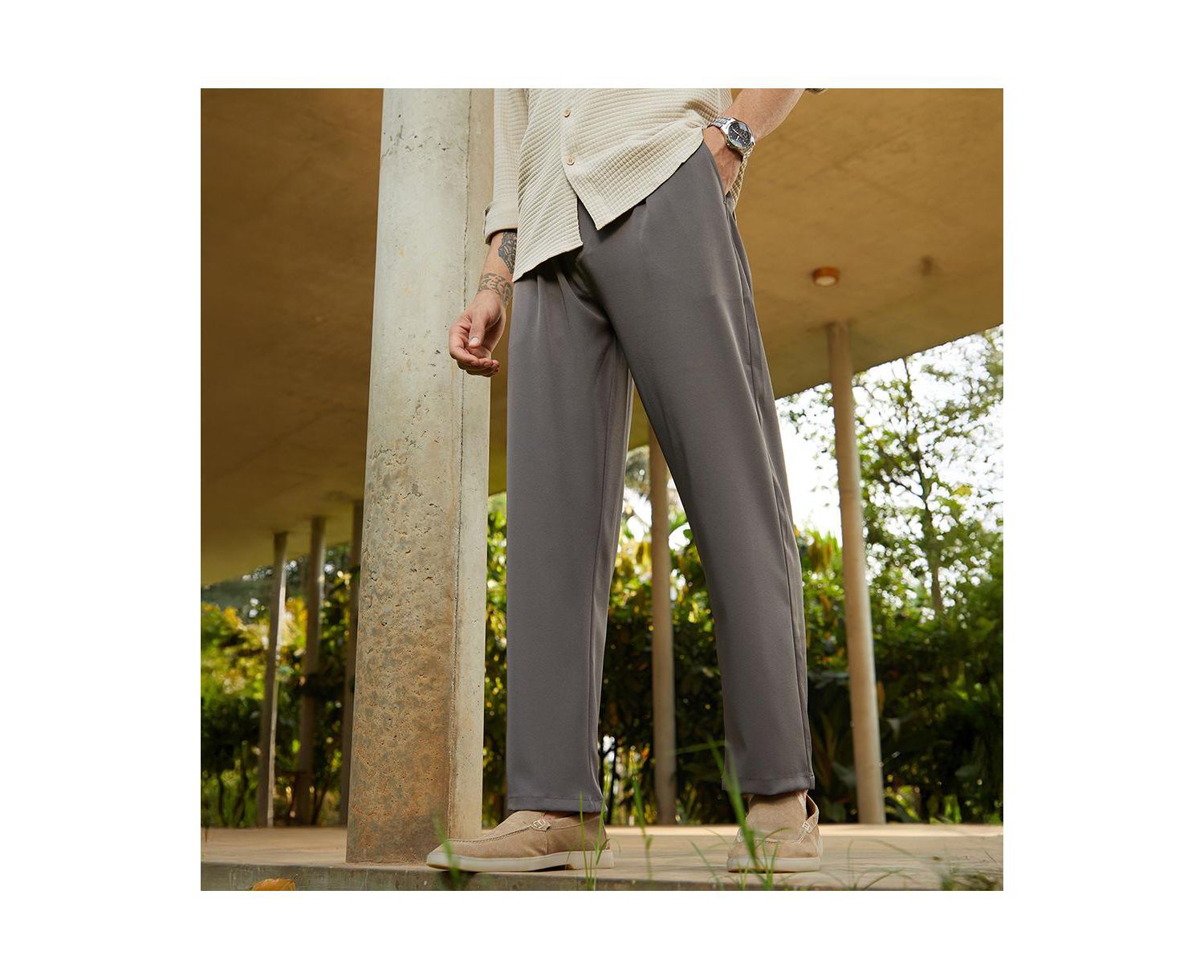 Men's Charcoal Black Straight Pleated Trousers