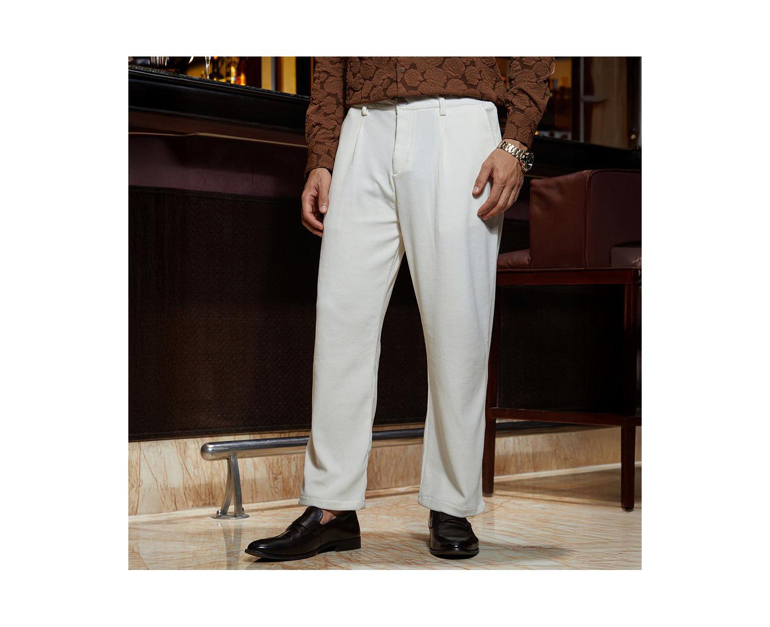 Men's Cream White Waffle-Pleated Straight Trousers