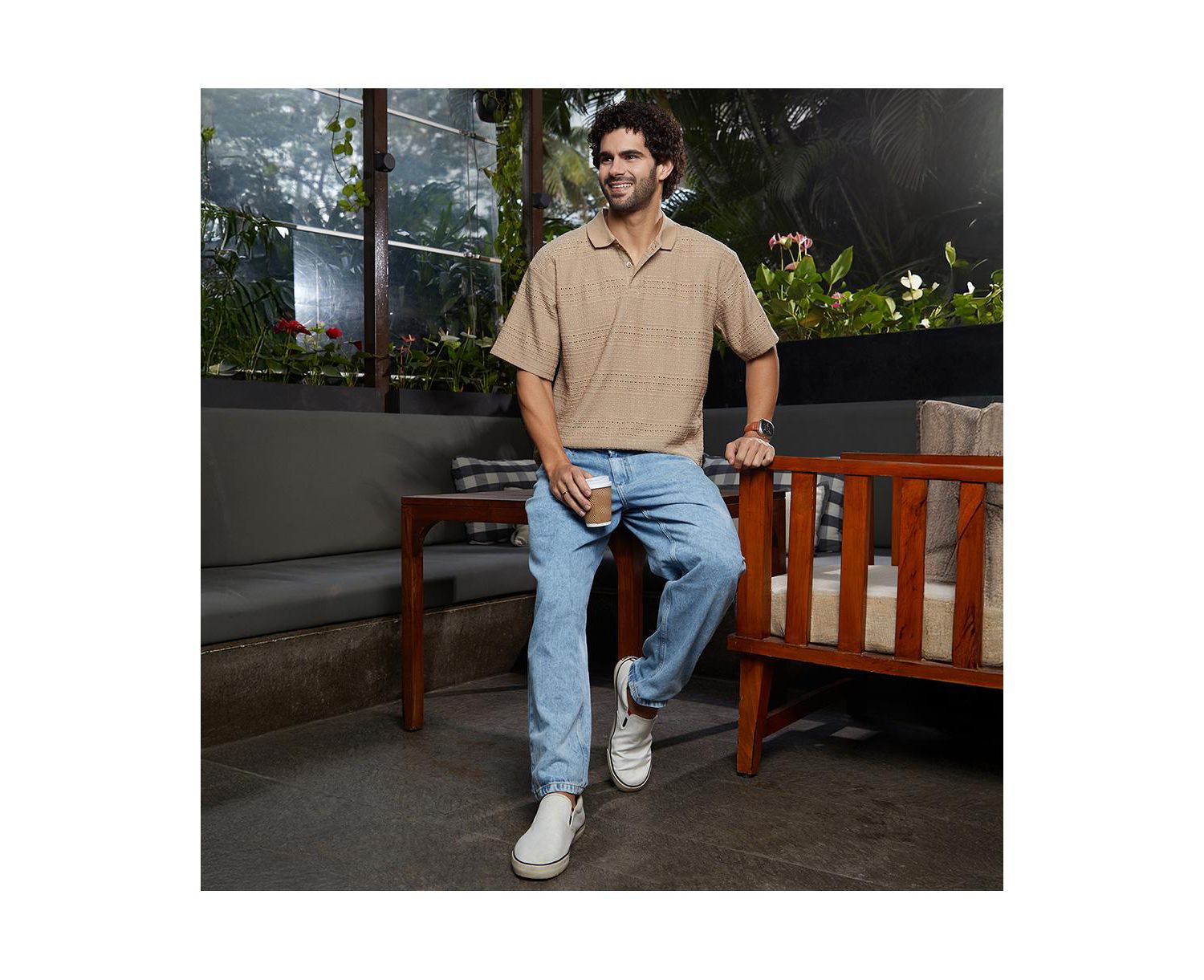 Men's Buff Beige Bohomian Oversized Polo T-Shirt