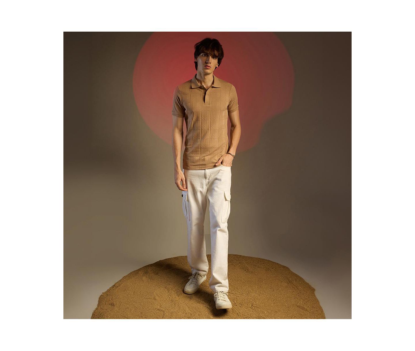 Мужская футболка Cahoot Buff Beige Intertwine-Textured Polo, цвет: Бежевый / Хаки — фото 6