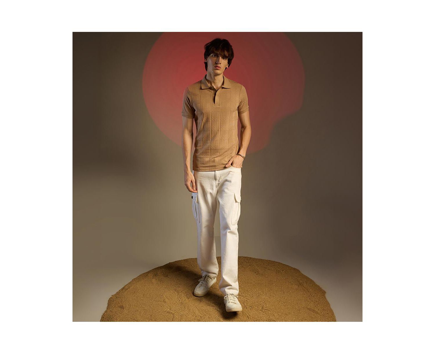 Men's Buff Beige Intertwine-Textured Polo T-Shirt