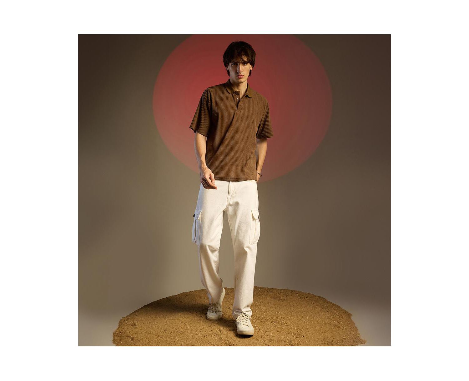 Men's Chocolate Brown Ribbed Oversized Polo T-Shirt
