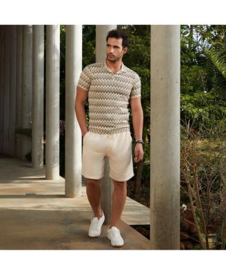 Men's French Beige & Off White Zig-Zag Knit Polo T-Shirt