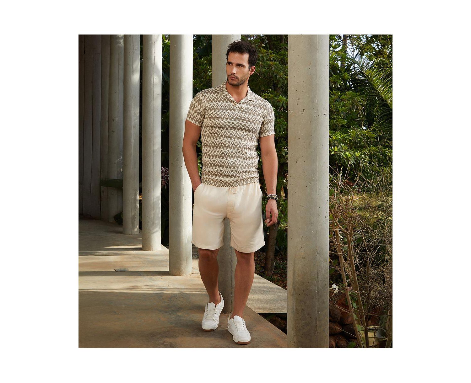 Men's French Beige and Off White Zig-Zag Knit Polo T-Shirt