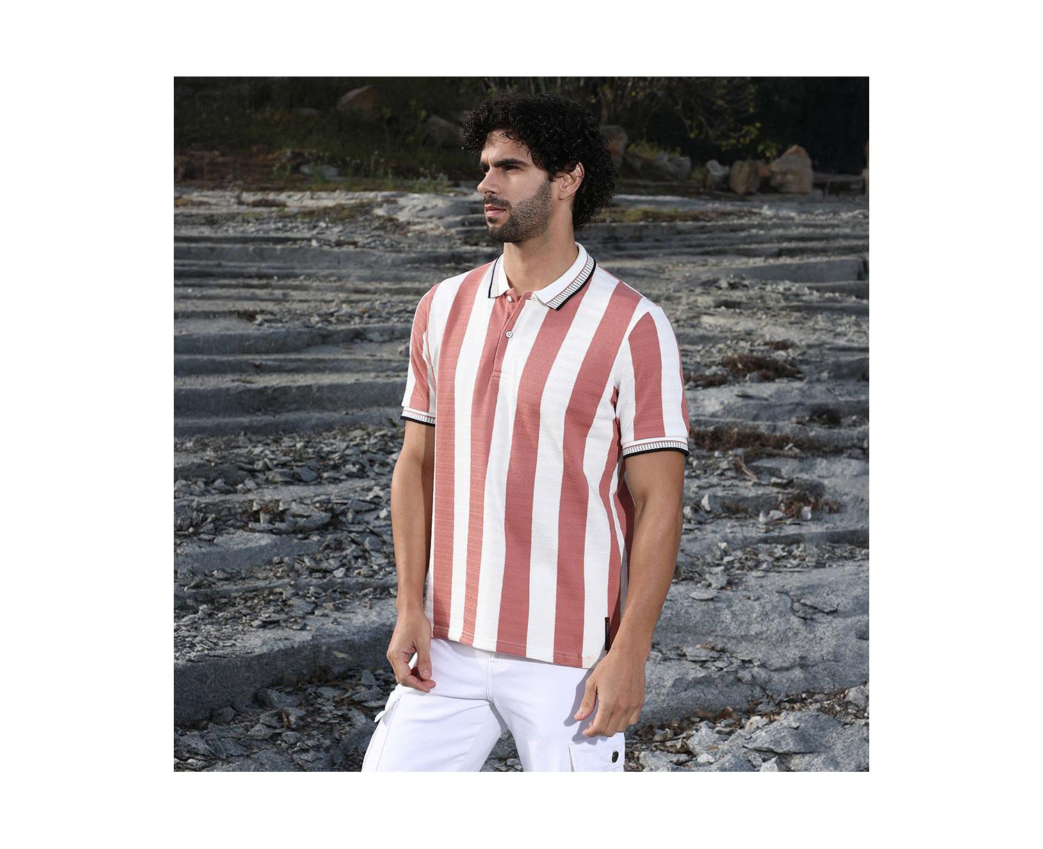 Men's Nude Pink and Cream White Awning-Striped Polo T-Shirt