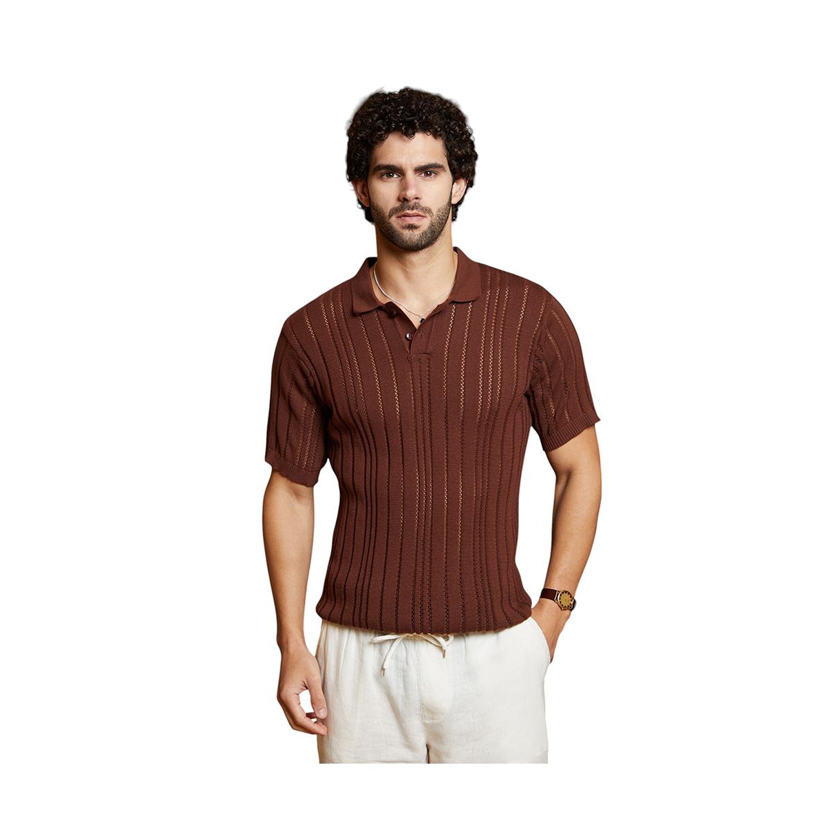 Men's Chocolate Brown Stripe-Textured Polo T-Shirt - Brown