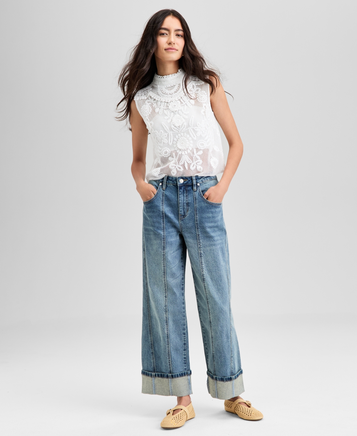 Women's High-Rise Seamed Cuffed Jeans, Exclusively at Macy's - Medium Wash