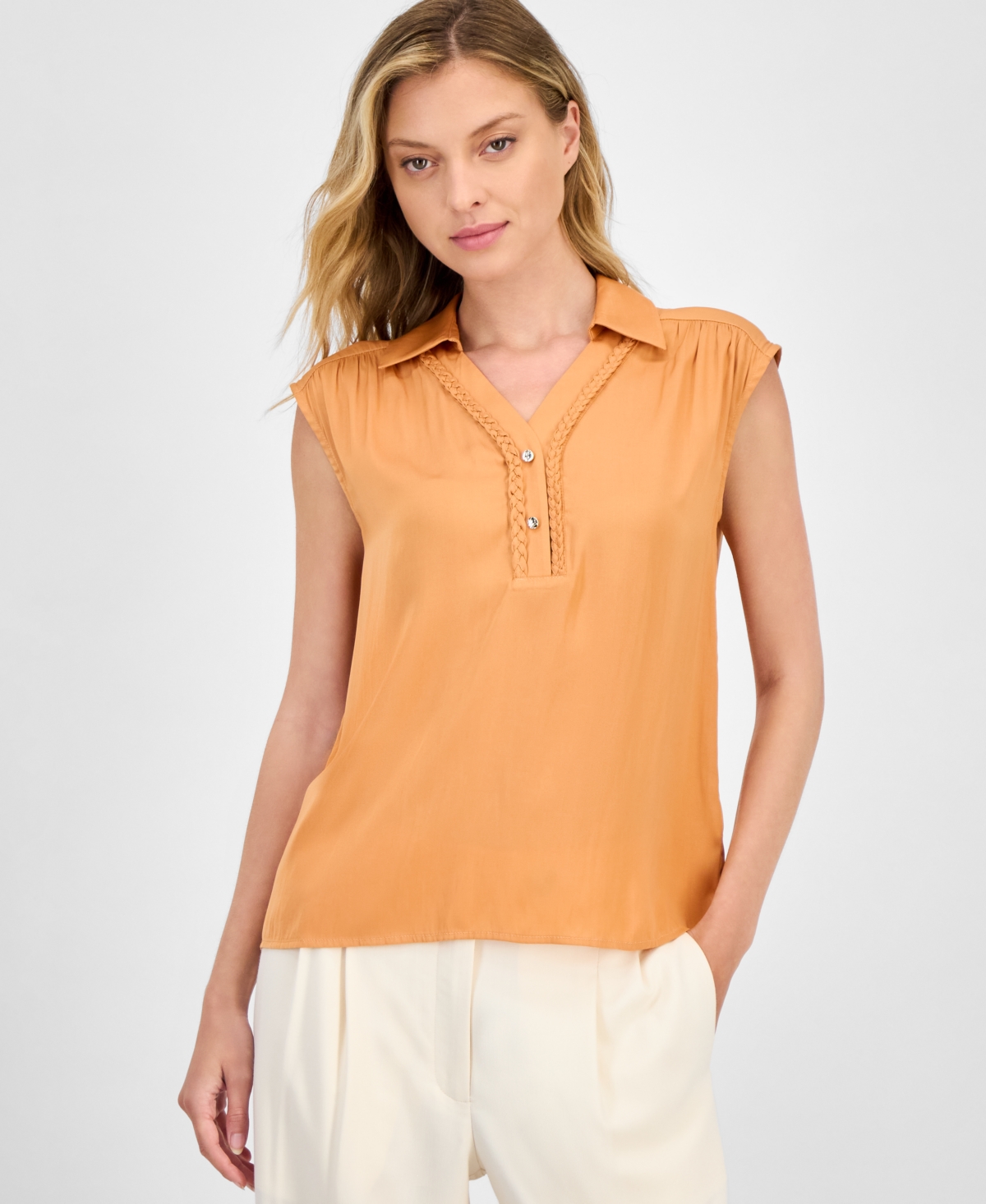 Women's Solid Collared Cap-Sleeve V-Neck Blouse - Clay Ridge