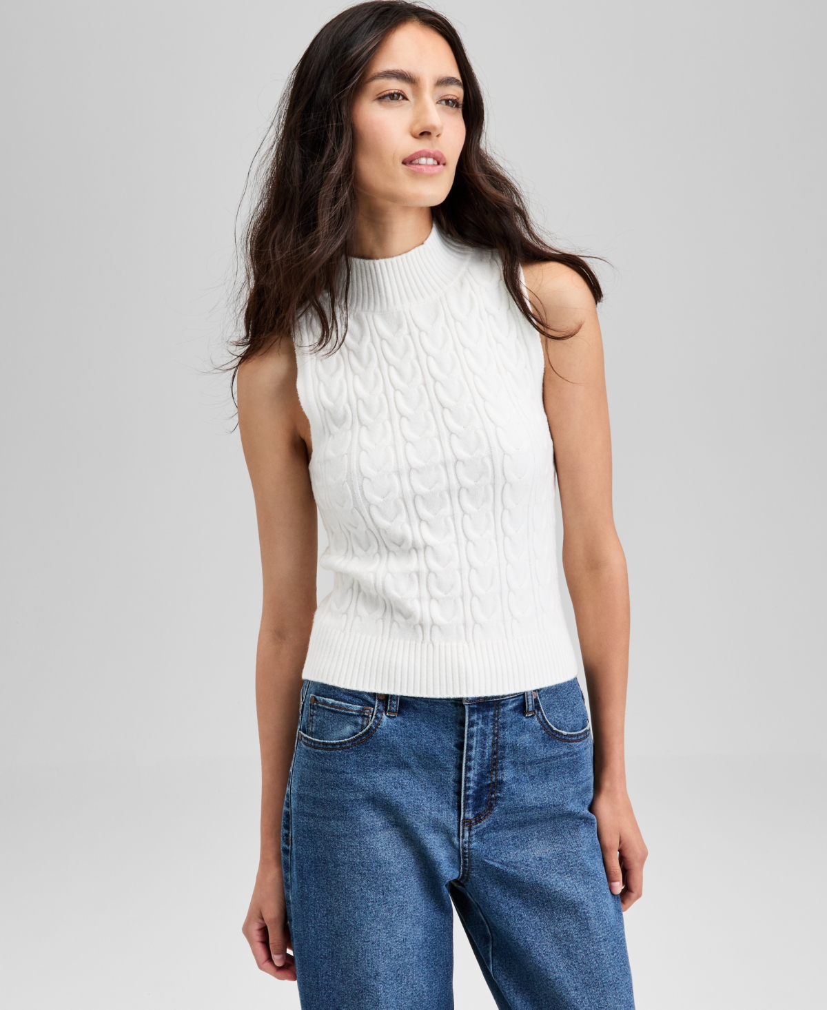 And Now This Women's Mock-neck Cable-knit Sweater Tank Top, Exclusively At Macy's In White