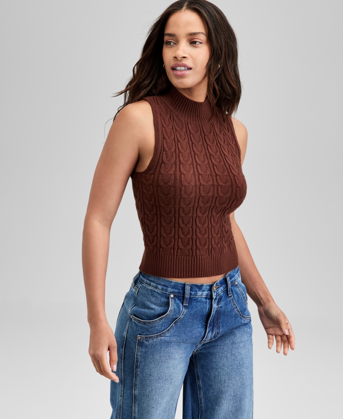 And Now This Women's Mock-neck Cable-knit Sweater Tank Top, Exclusively At Macy's In Brown