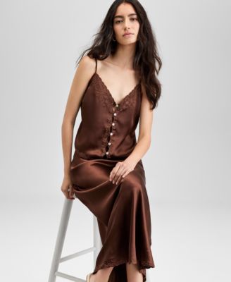 And Now This Now This Womens Satin Scalloped Edge Tank Satin Scalloped Edge Slip Skirt Exclusively At Macys In Brown