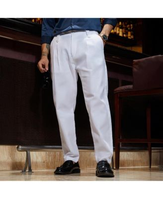 Men's Cream White Ribbed-Pleated Chino Trousers