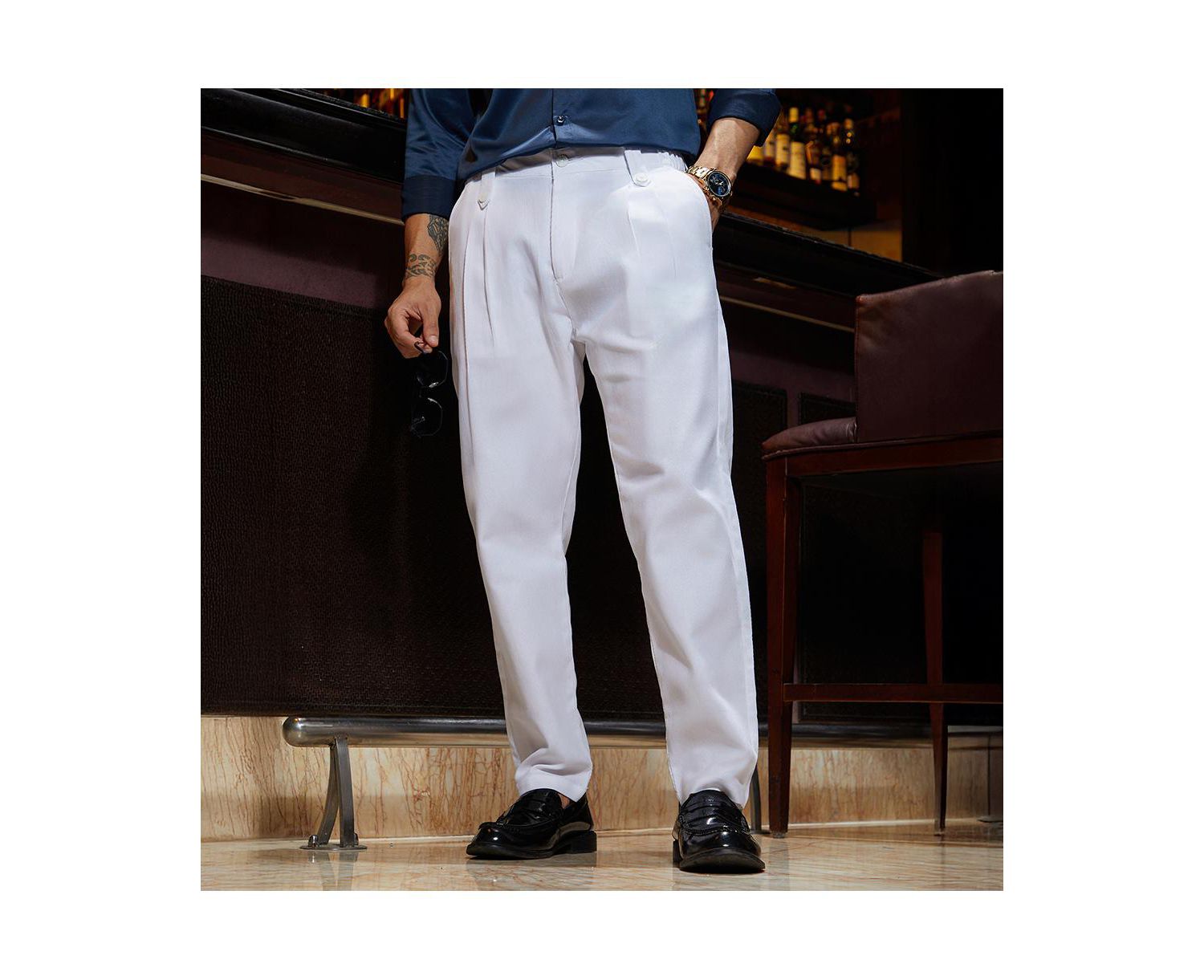 Men's Cream White Ribbed-Pleated Chino Trousers