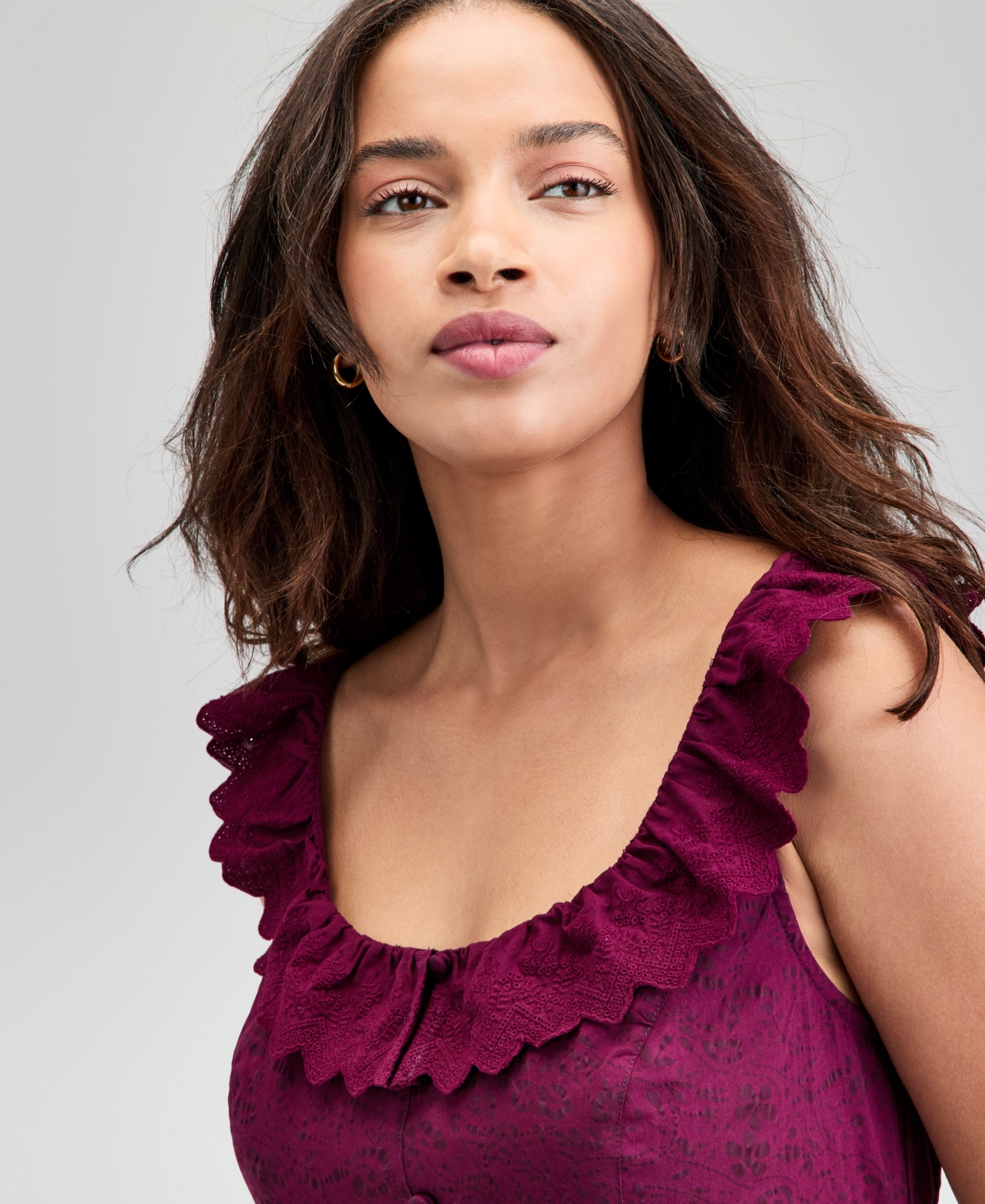 And Now This Women's Cotton Ruffle-trim Scoop-neck Voile Maxi Dress, Exclusively At Macy's In Burgundy