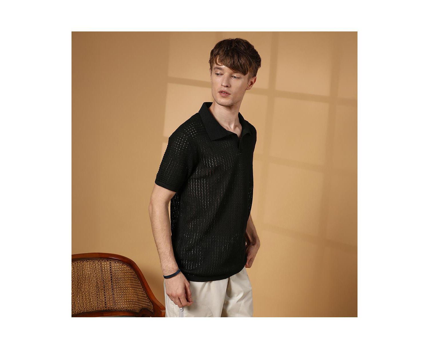 Men's Raven Black Textured-Knit Polo T-Shirt