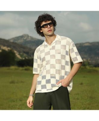 Men's Saltbox Beige Grid Oversized Polo T-Shirt