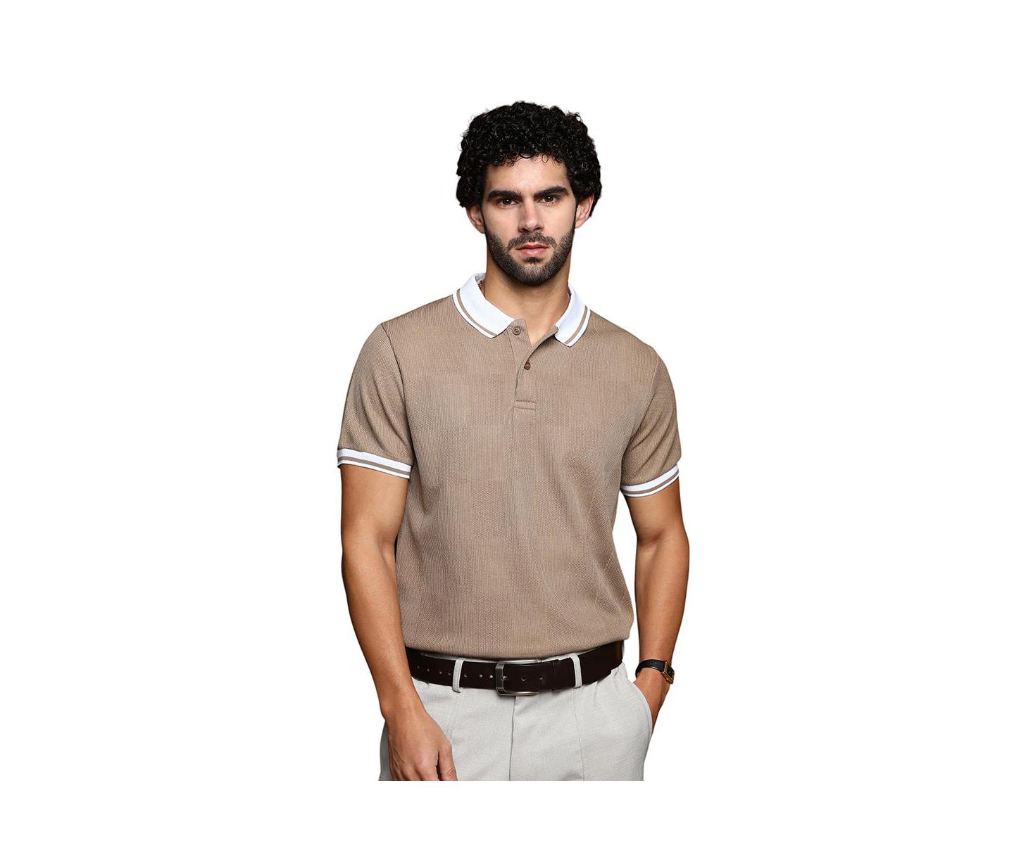 Мужская футболка Cahoot Campus Sutra Sand Beige Cuboid-Stripe Polo, цвет: Бежевый / Хаки — фото 1