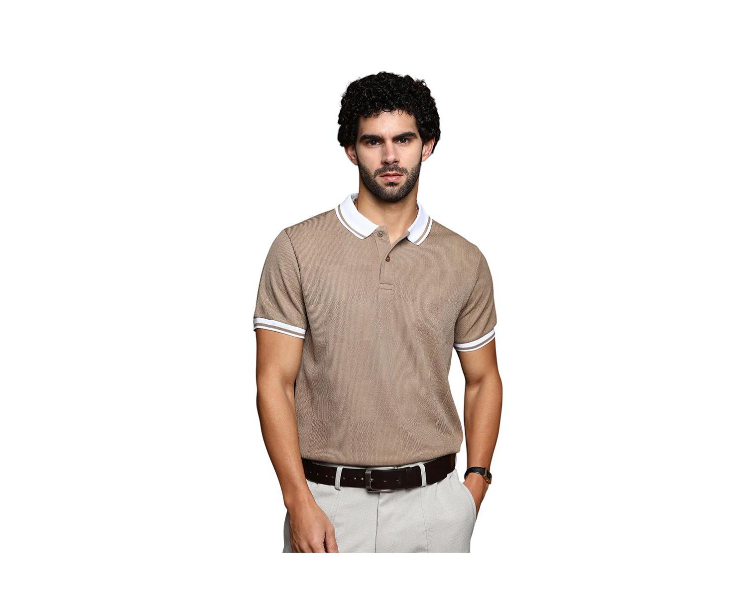 Men's Sand Beige Cuboid-Stripe Polo T-Shirt