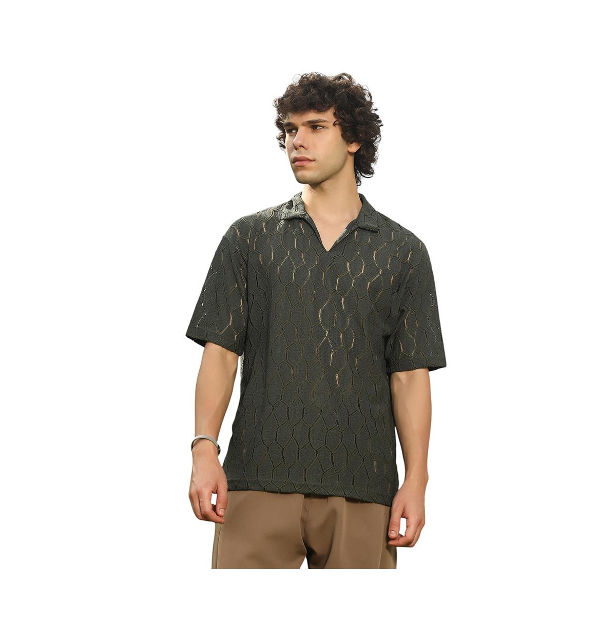 Men's Juniper Green Honeycomb-Knit Polo T-Shirt - Green