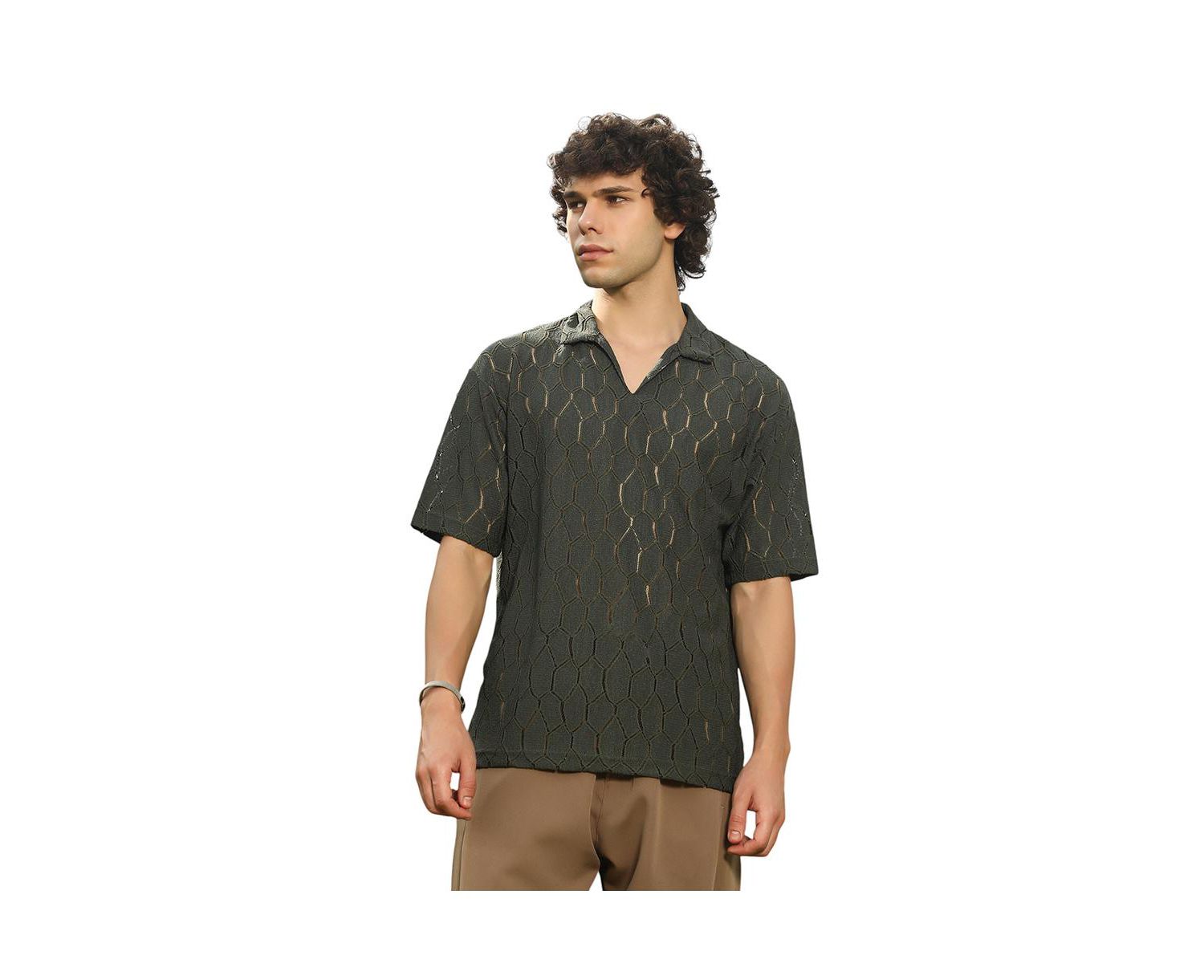 Men's Juniper Green Honeycomb-Knit Polo T-Shirt