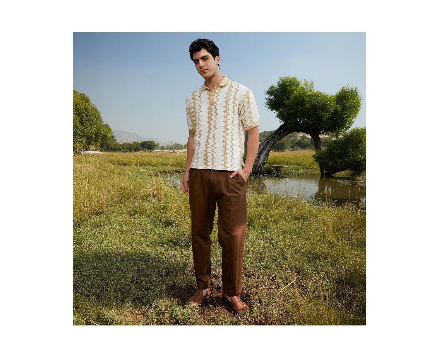 Men's Buff Beige & Cream White Indie-Block Polo T-Shirt
