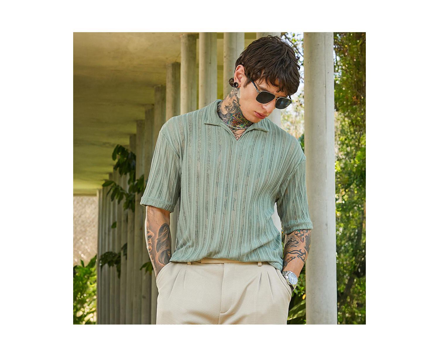 Men's Sage Green Duo-Striped Relaxed Polo T-Shirt