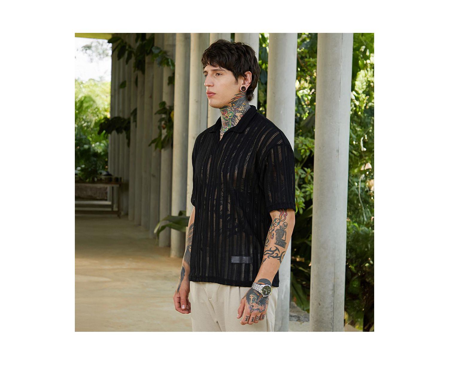Men's Onyx Black Duo-Striped Relaxed Polo T-Shirt