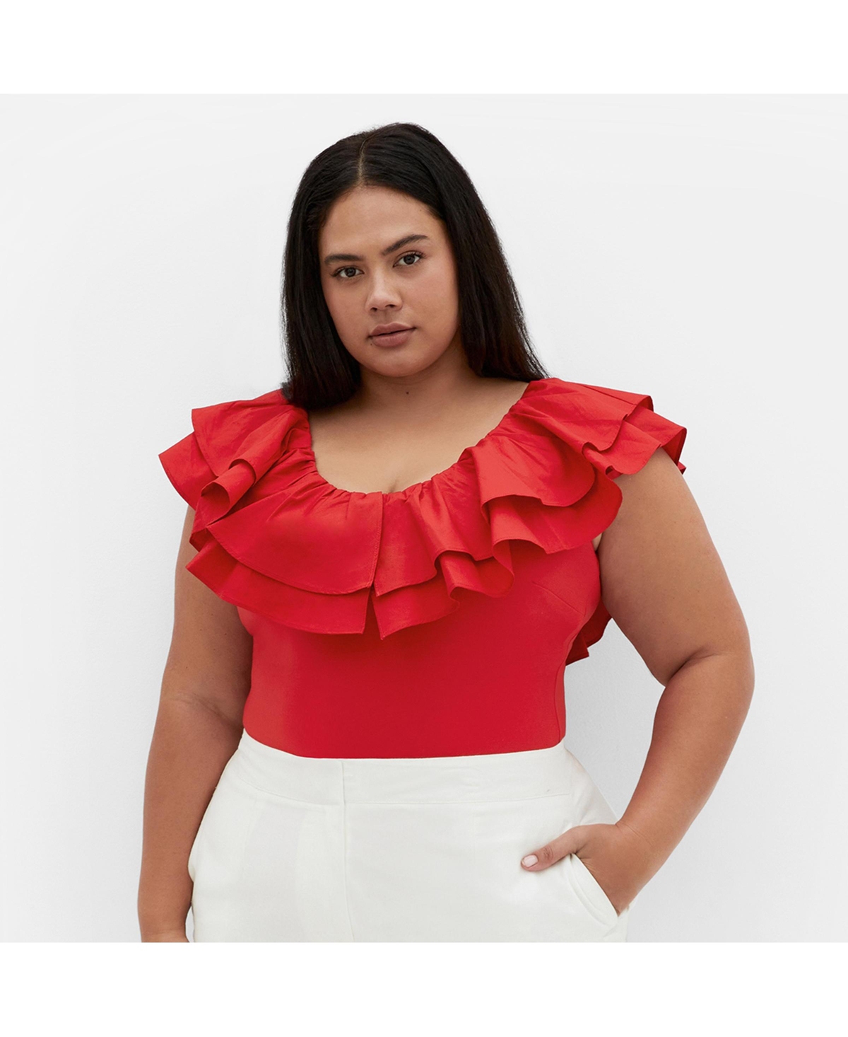 Plus Size Frill Shoulder Bodysuit - Red