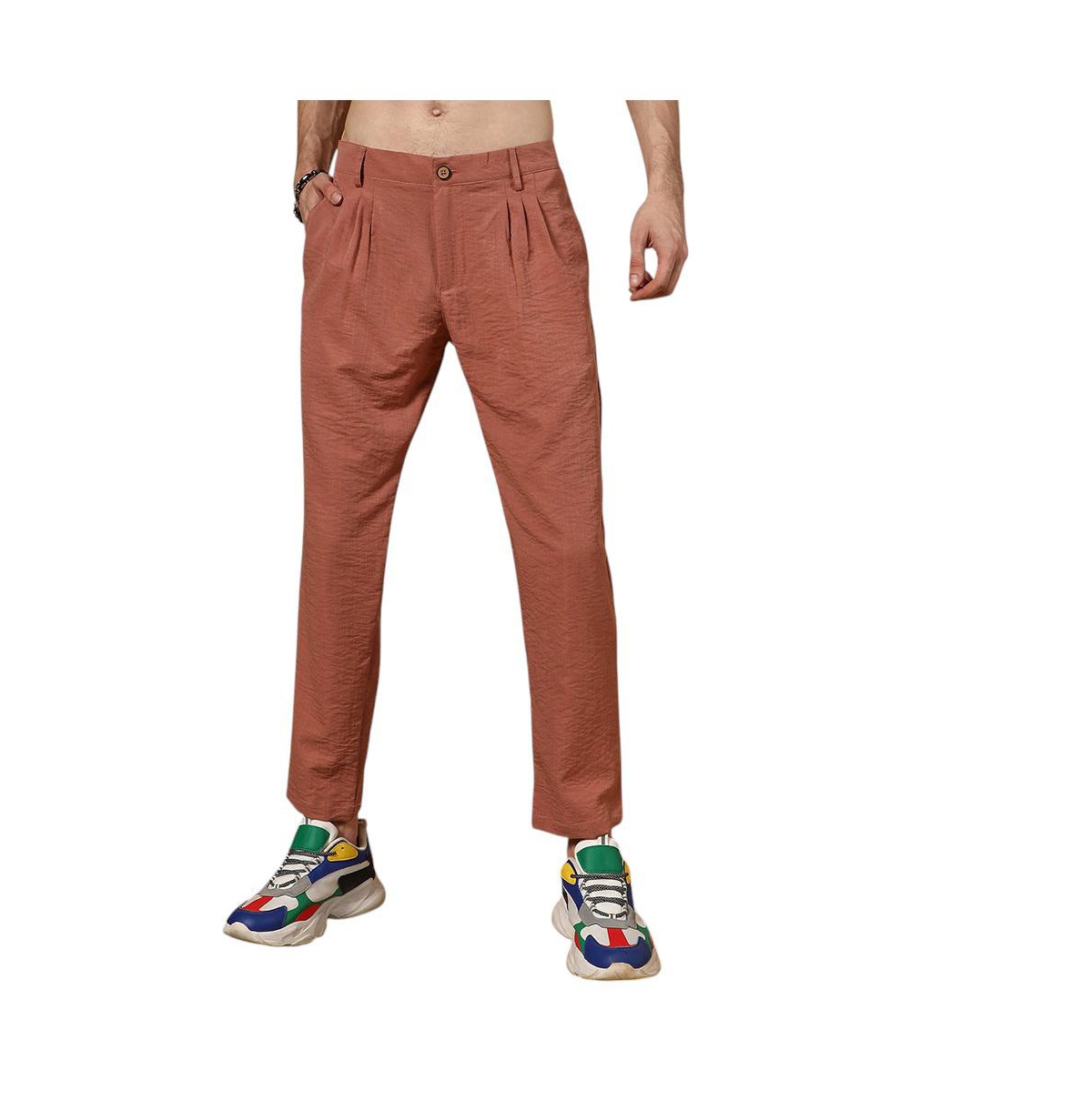 Men's Terracotta Brown Crinkled Tailored Trousers - Brown