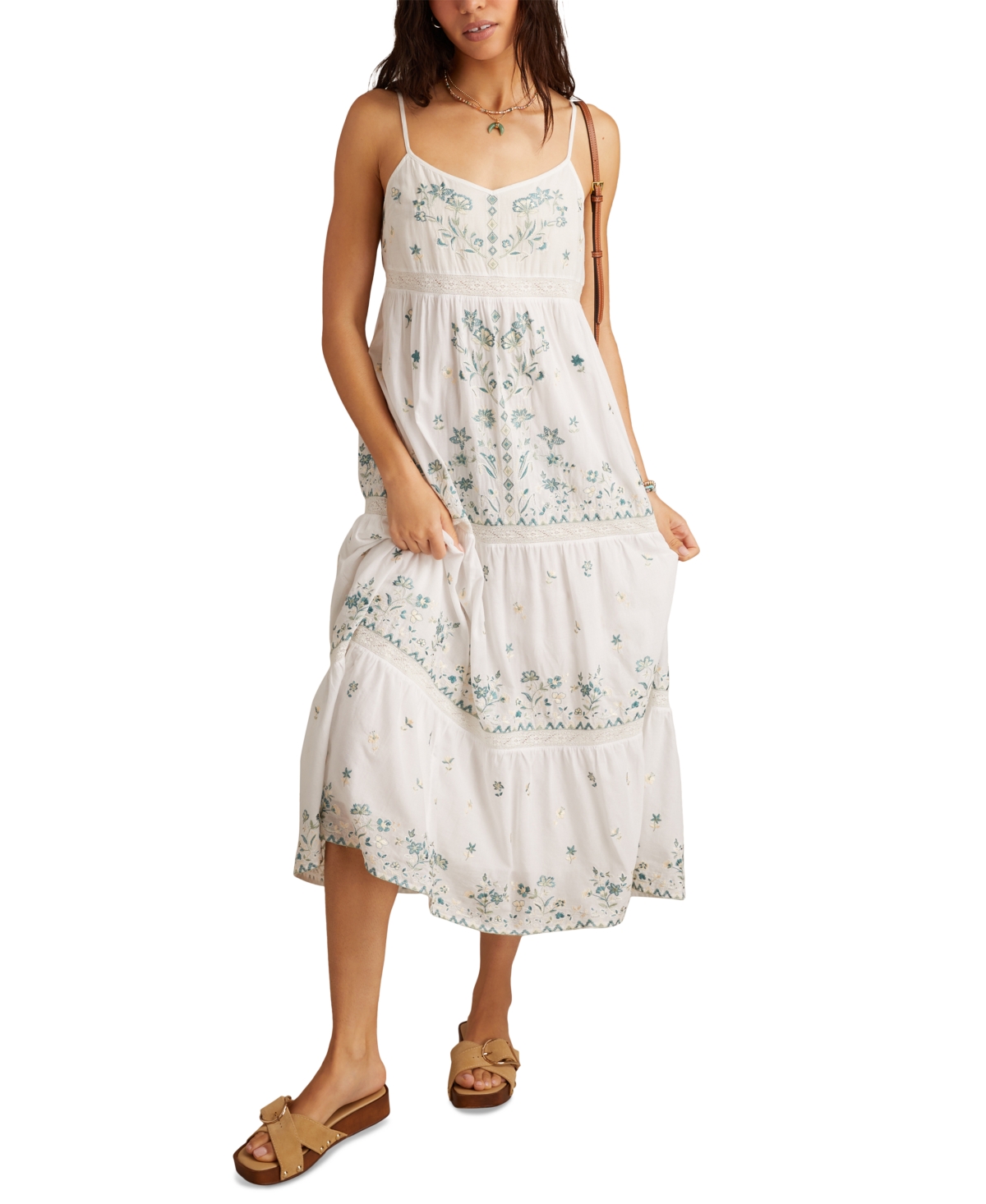 Lucky Brand Women's Embroidered Floral Sleeveless Maxi Dress In White