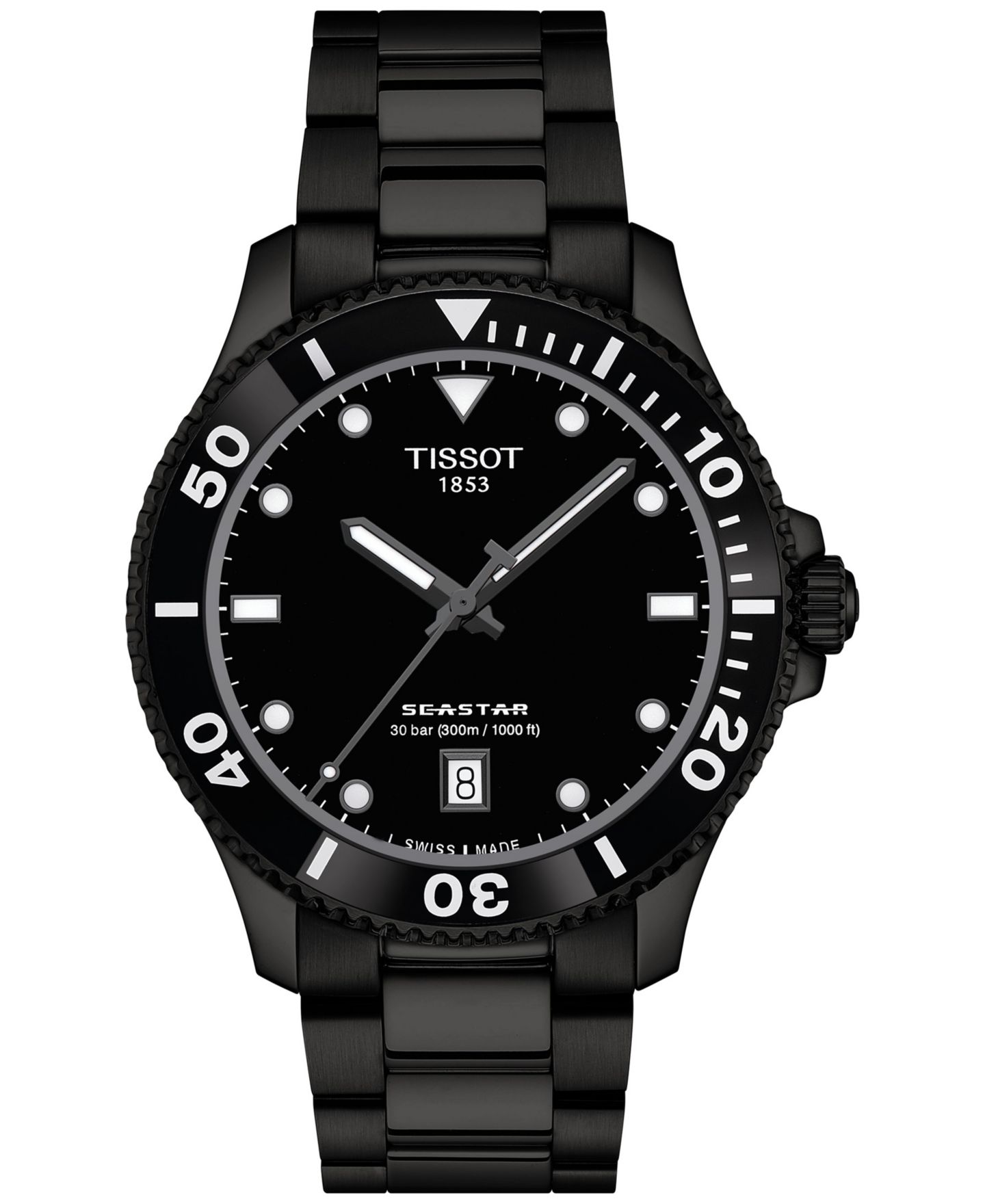 Мужские часы Tissot Swiss Seastar 1000 на чёрном стальном браслете PVD, 40 мм — фото 1