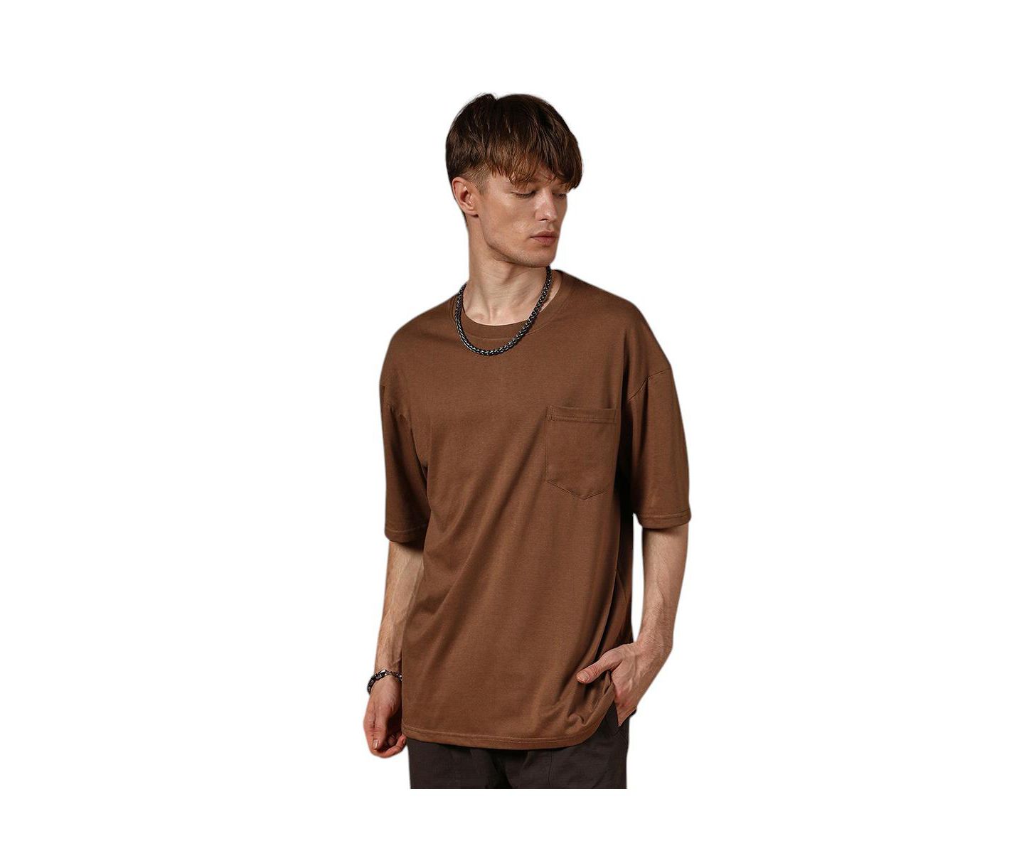 Мужская футболка Cahoot Campus Sutra Chocolate Brown Solid Oversized, цвет: Коричневый — фото 1