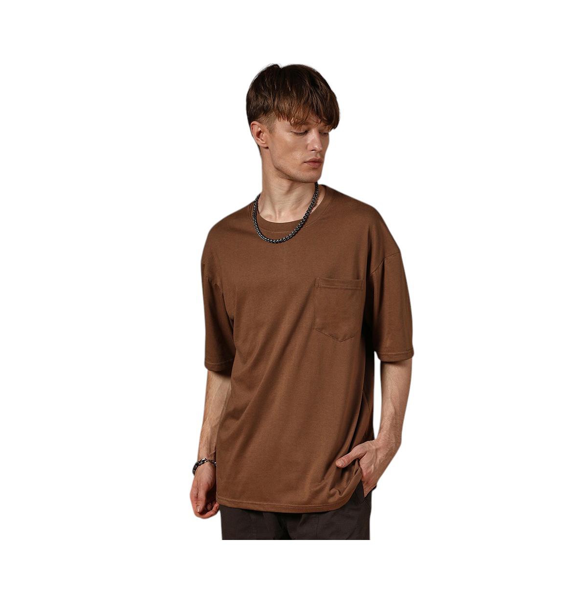 Men's Chocolate Brown Solid Oversized T-Shirt - Brown