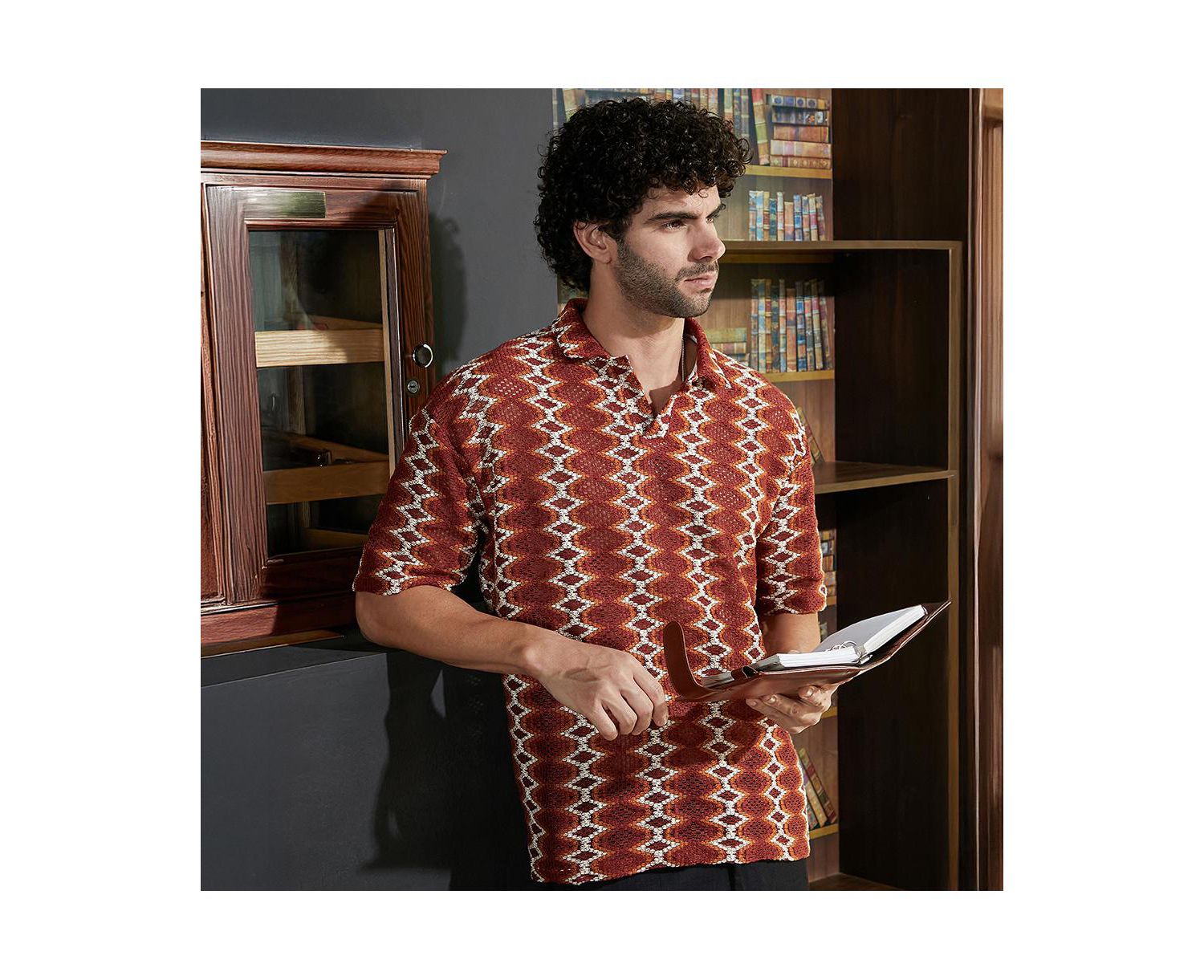 Men's Burnt Sienna Folk-Logenze Oversized Polo T-Shirt