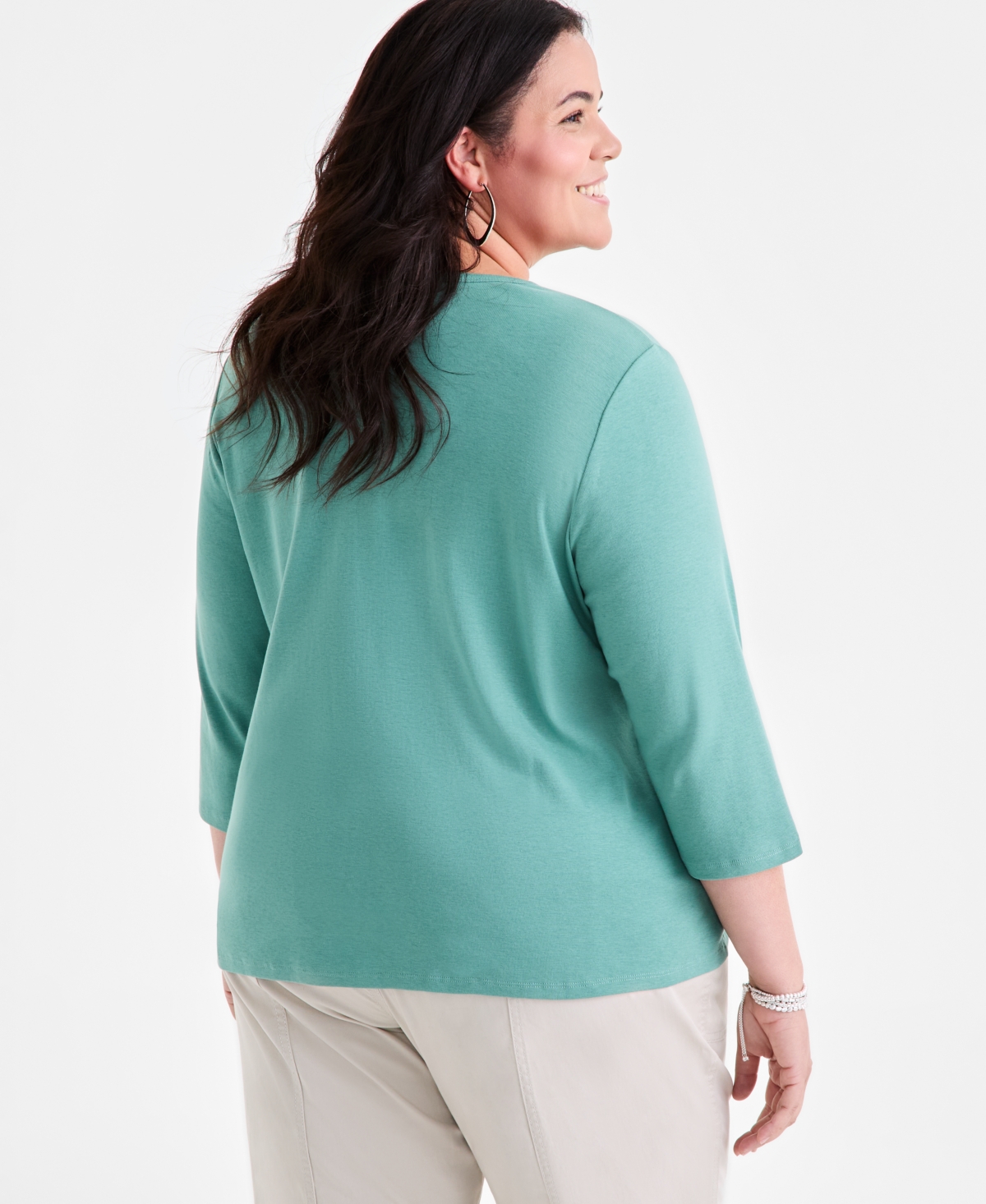 Style & Co Plus Size Cotton V-neck 3/4-sleeve Top, Exclusively At Macy's In Green