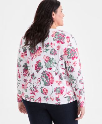 売れ筋商品|||ジェイエムコレクション カットソー トップス レディース Plus Size Printed Jacquard Scoop-Neck Top, Exclusively at Macy's Spa Blue Combo JM Collection Women's Shirts & Tops - Macy's