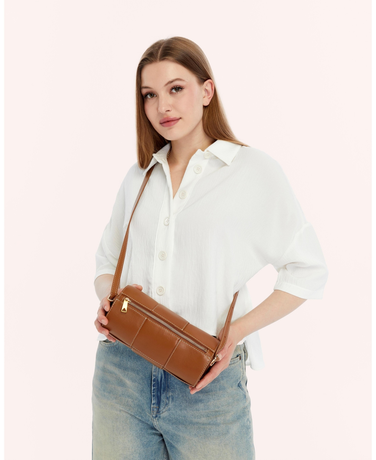 Women's Woven Leather Barrel Bag, Created for Macy's - Tan