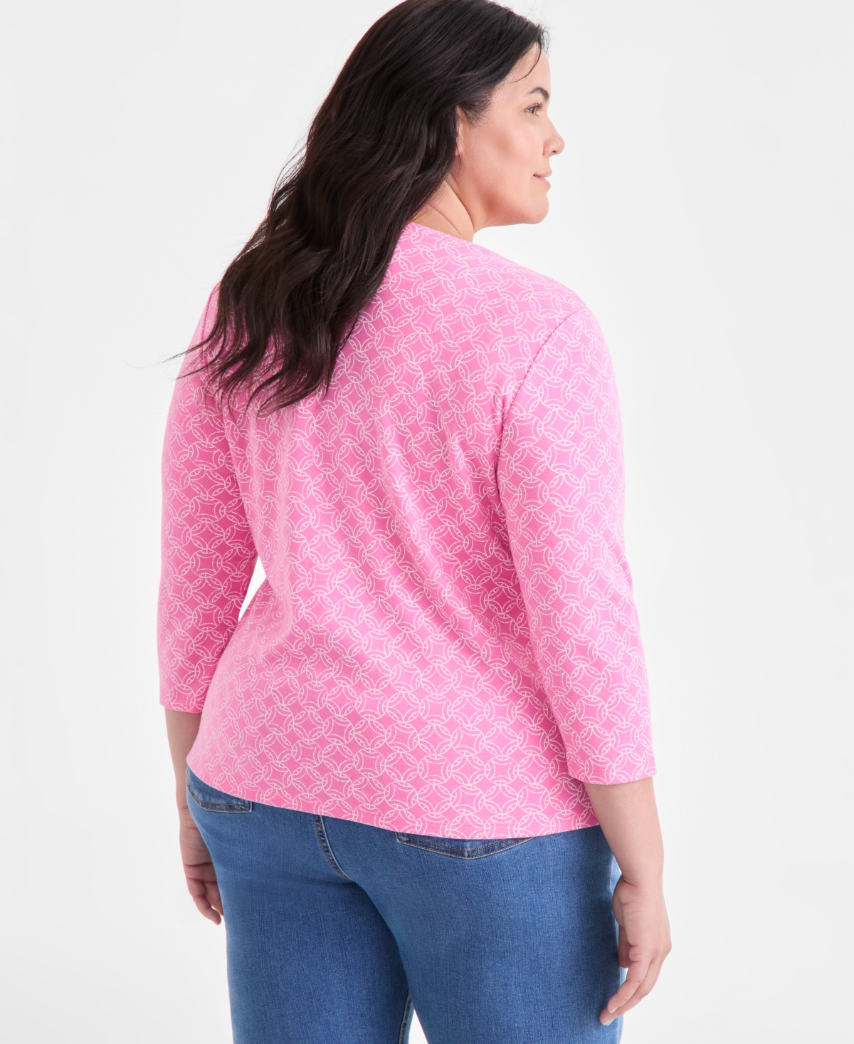 Style & Co Plus Size Printed 3/4-sleeve Henley Top, Exclusively At Macy's In Pink